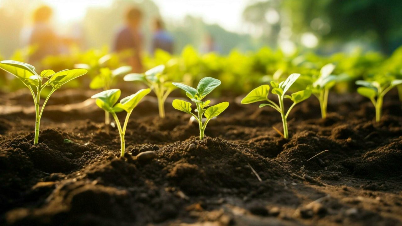 Gardener tending young fruit plants on a sunny day