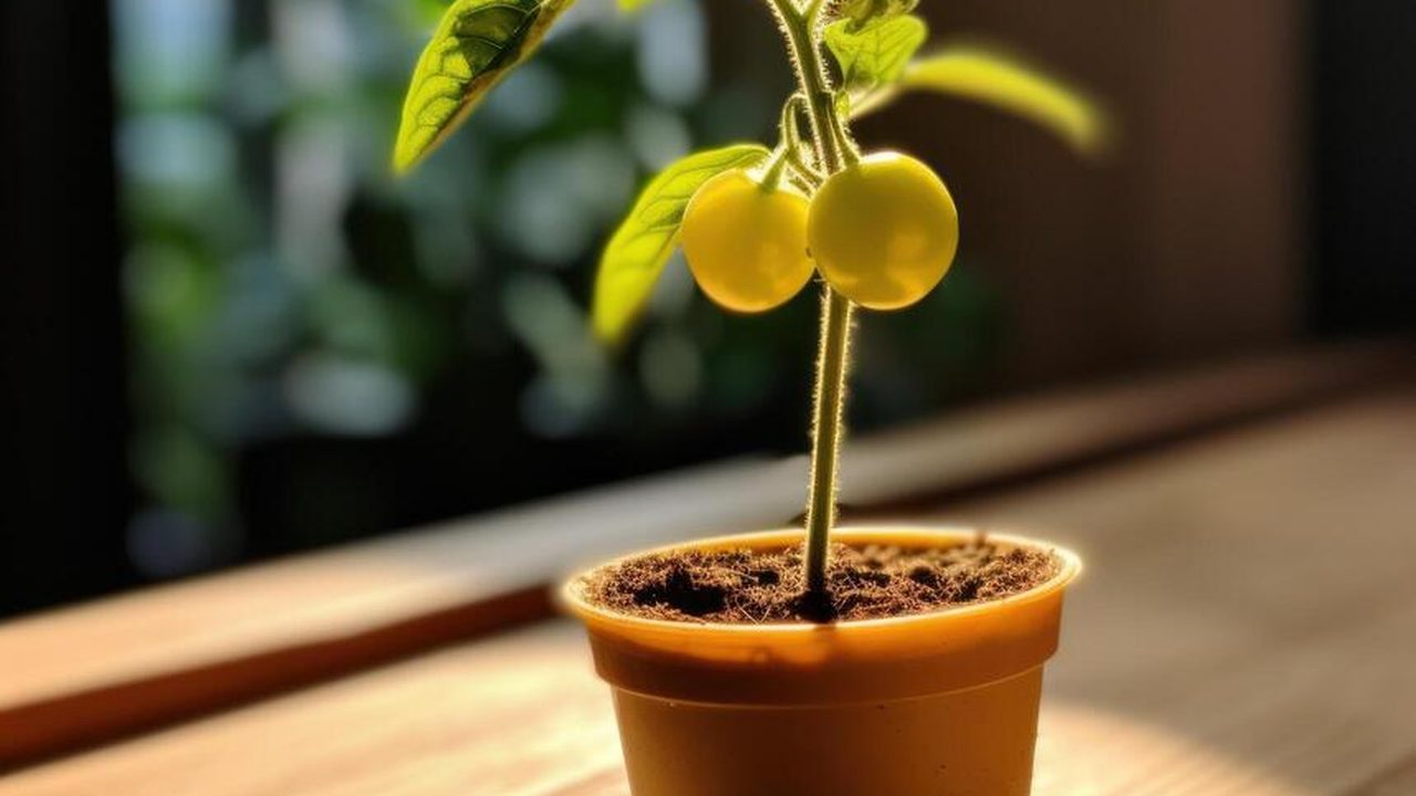 Tomato plant with healthy fruits in pot