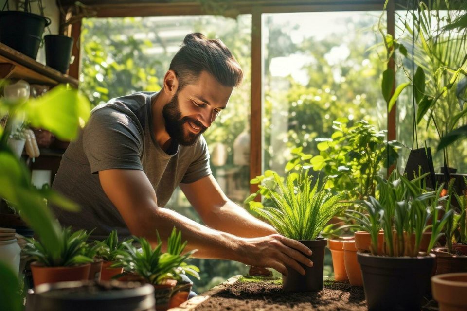 Gardener at work in a well-organized kitchen garden